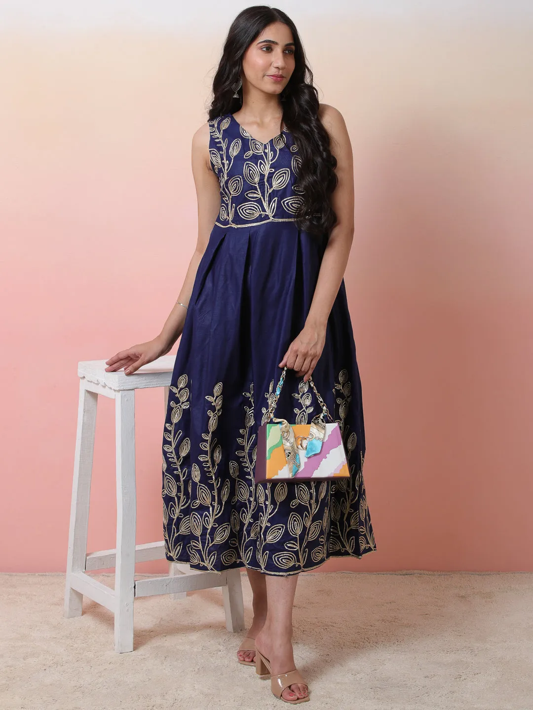 Navy Blue Embroidered Flared Shift Dress