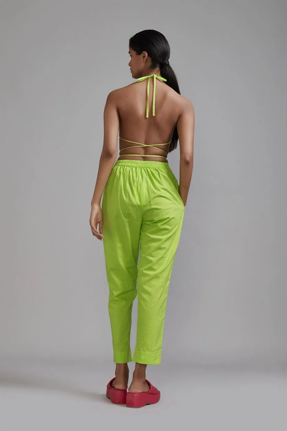 New Season Summer/Fall 24-Pants Green Long Pleated Cotton Neon-MT PL Trouser-Neon Green-Fashion Edit Mati