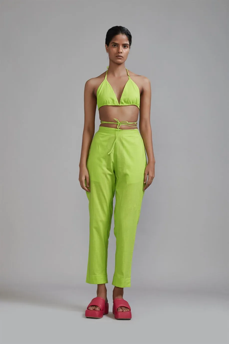 New Season Summer/Fall 24-Pants Green Long Pleated Cotton Neon-MT PL Trouser-Neon Green-Fashion Edit Mati