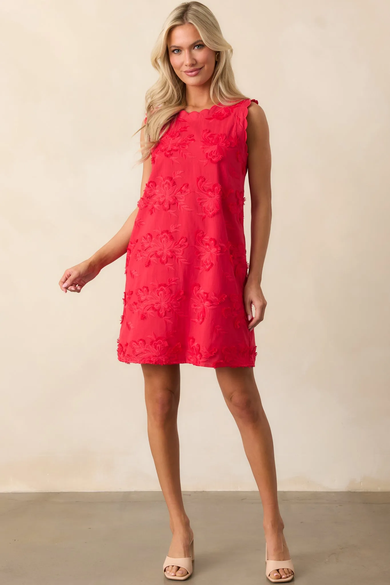 No Comparison Red Floral Embroidered Mini Shift Dress