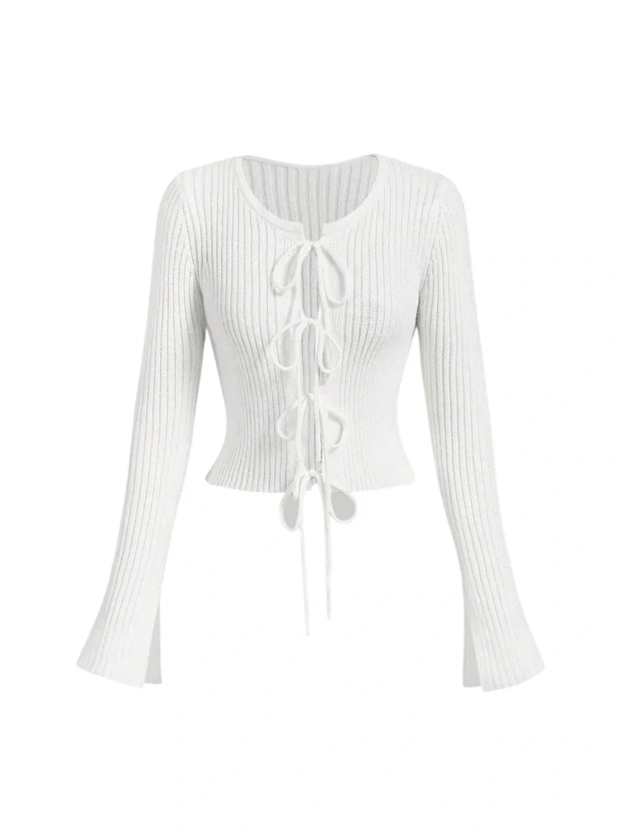 Noemi Ribbed Tie-Up Long Sleeve Sweater in White