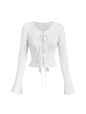 Noemi Ribbed Tie-Up Long Sleeve Sweater in White