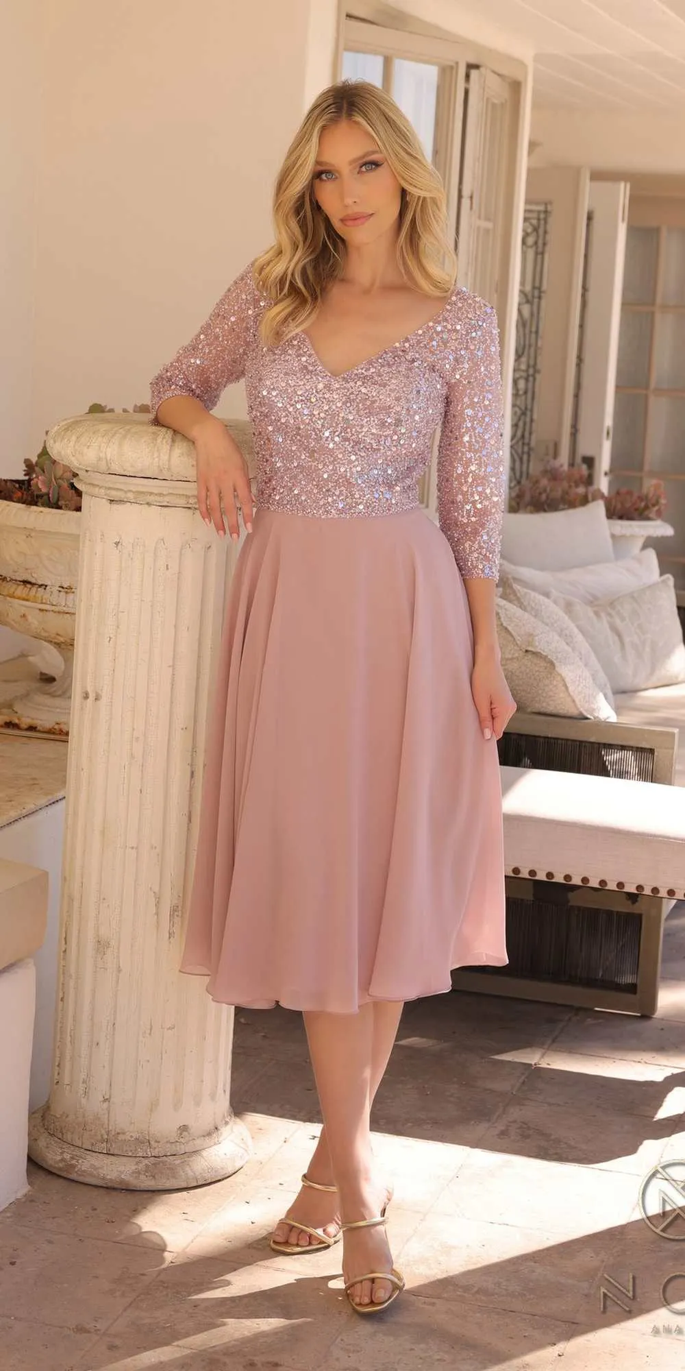 Nox Anabel MF104 Tea Length Sequin Bodice Short 3/4 Sleeve Dress