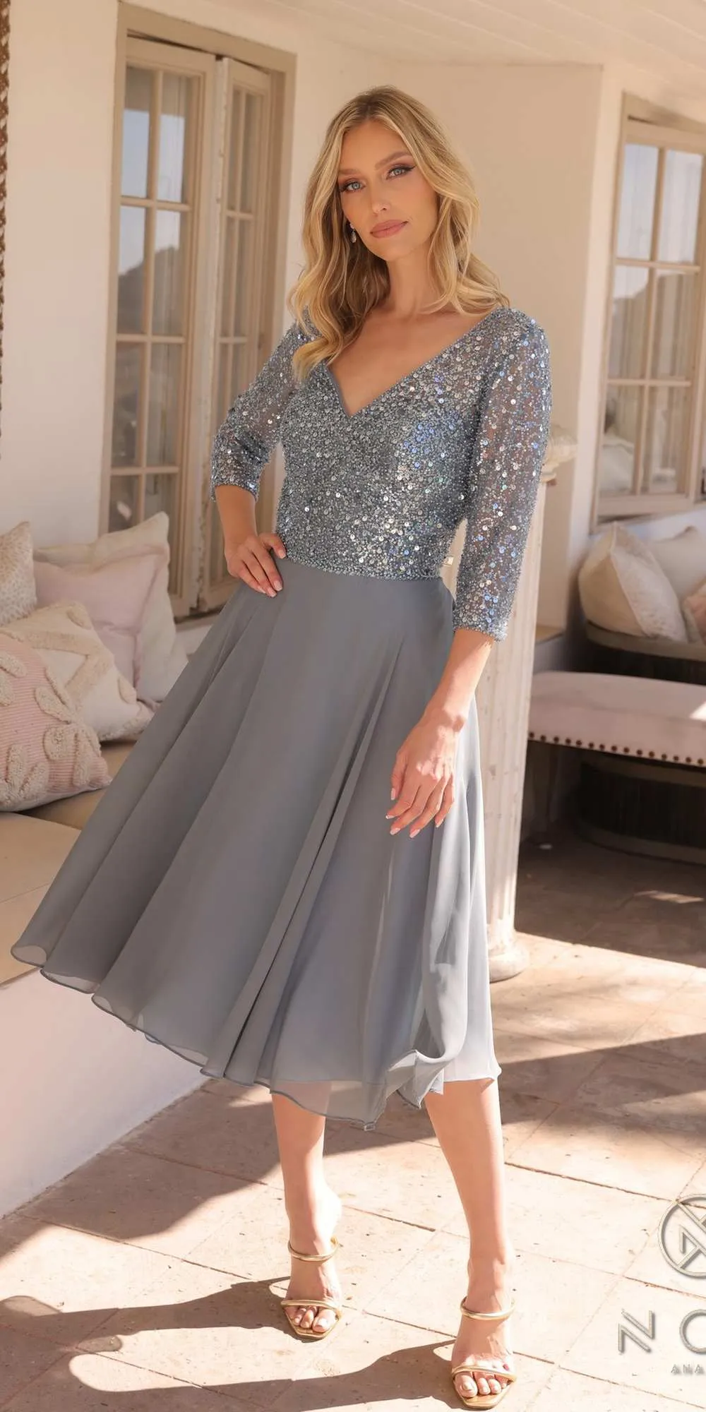 Nox Anabel MF104 Tea Length Sequin Bodice Short 3/4 Sleeve Dress