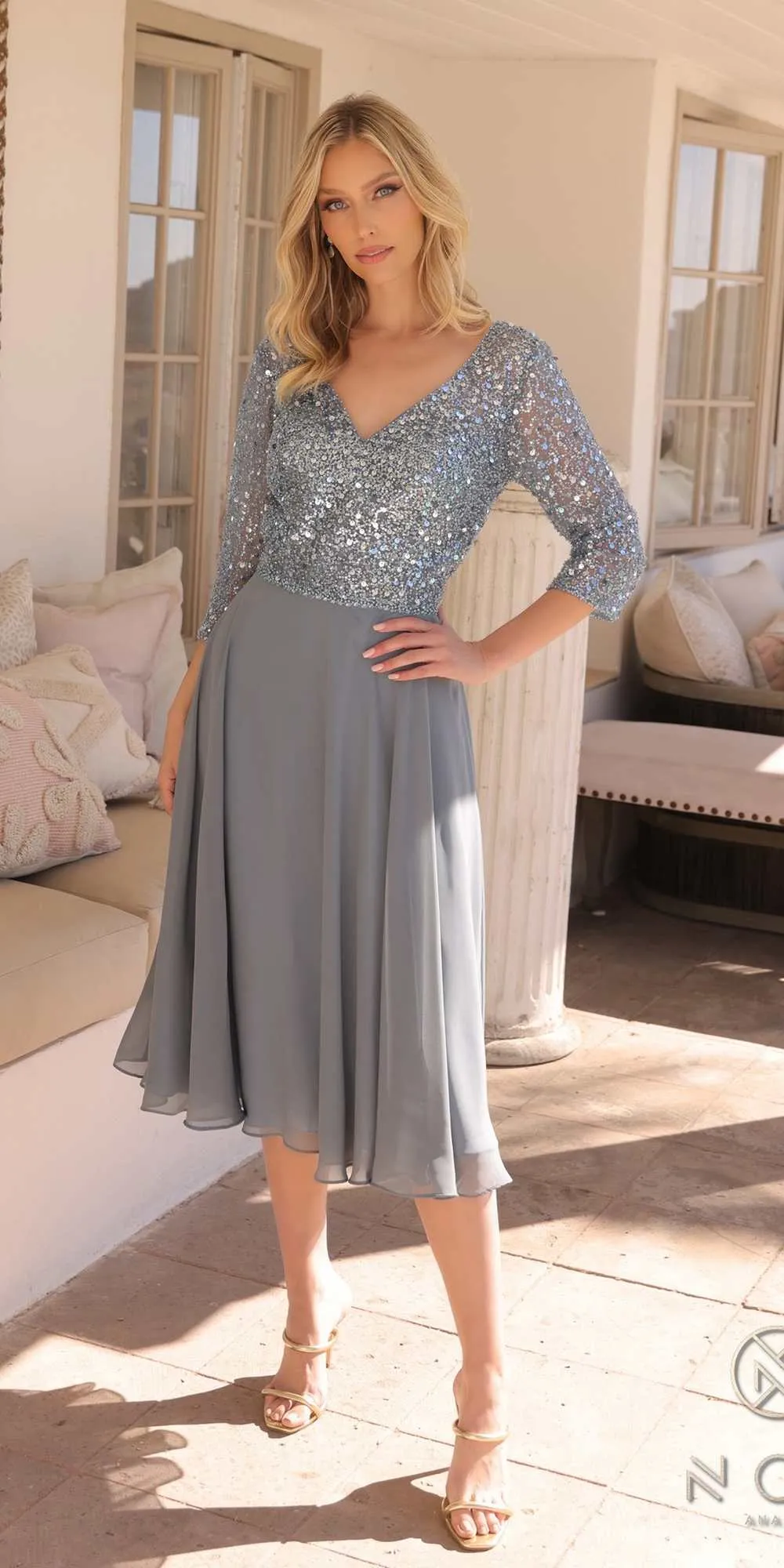 Nox Anabel MF104 Tea Length Sequin Bodice Short 3/4 Sleeve Dress