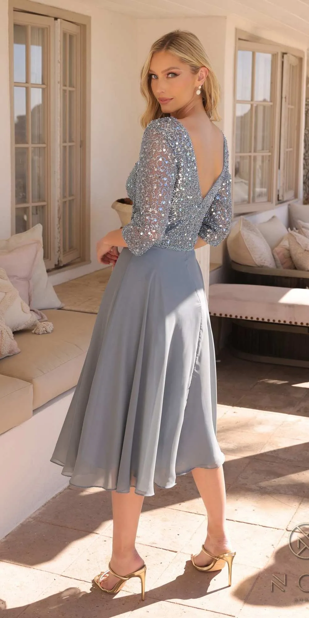 Nox Anabel MF104 Tea Length Sequin Bodice Short 3/4 Sleeve Dress