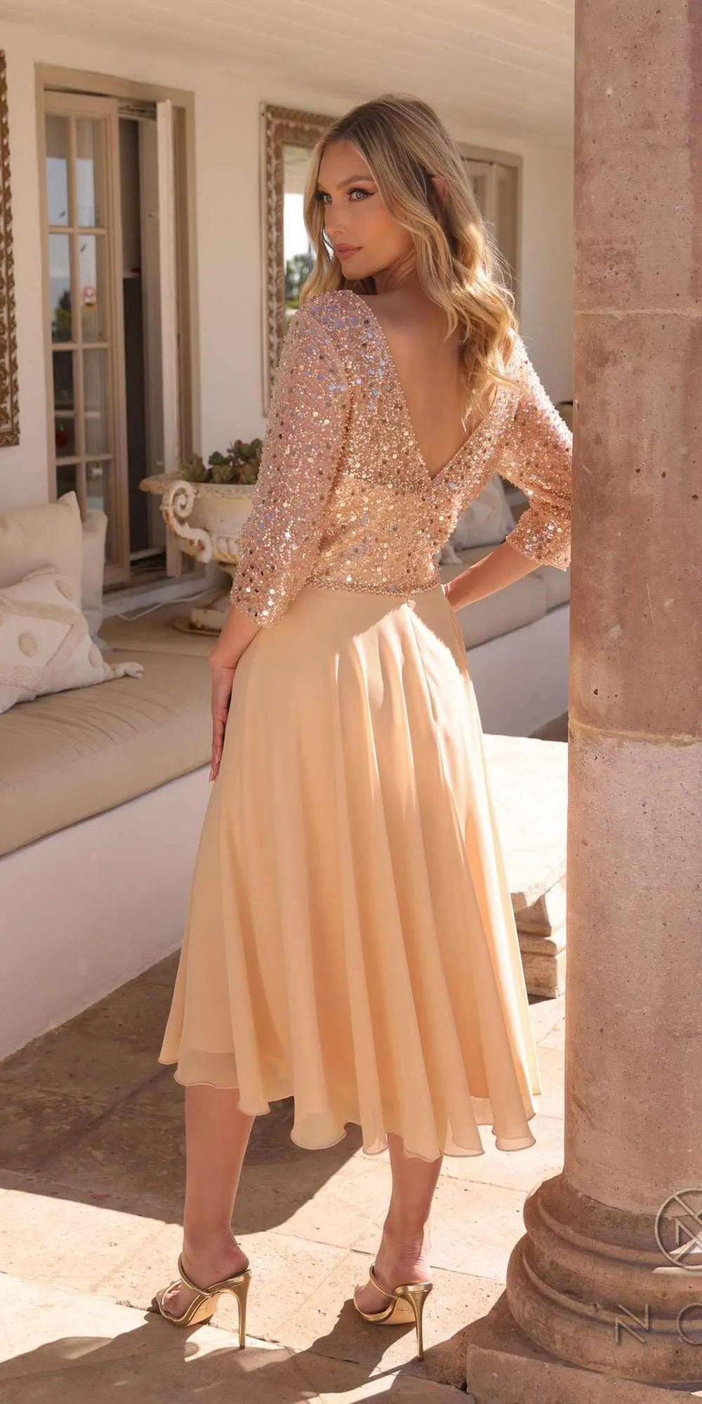 Nox Anabel MF104 Tea Length Sequin Bodice Short 3/4 Sleeve Dress
