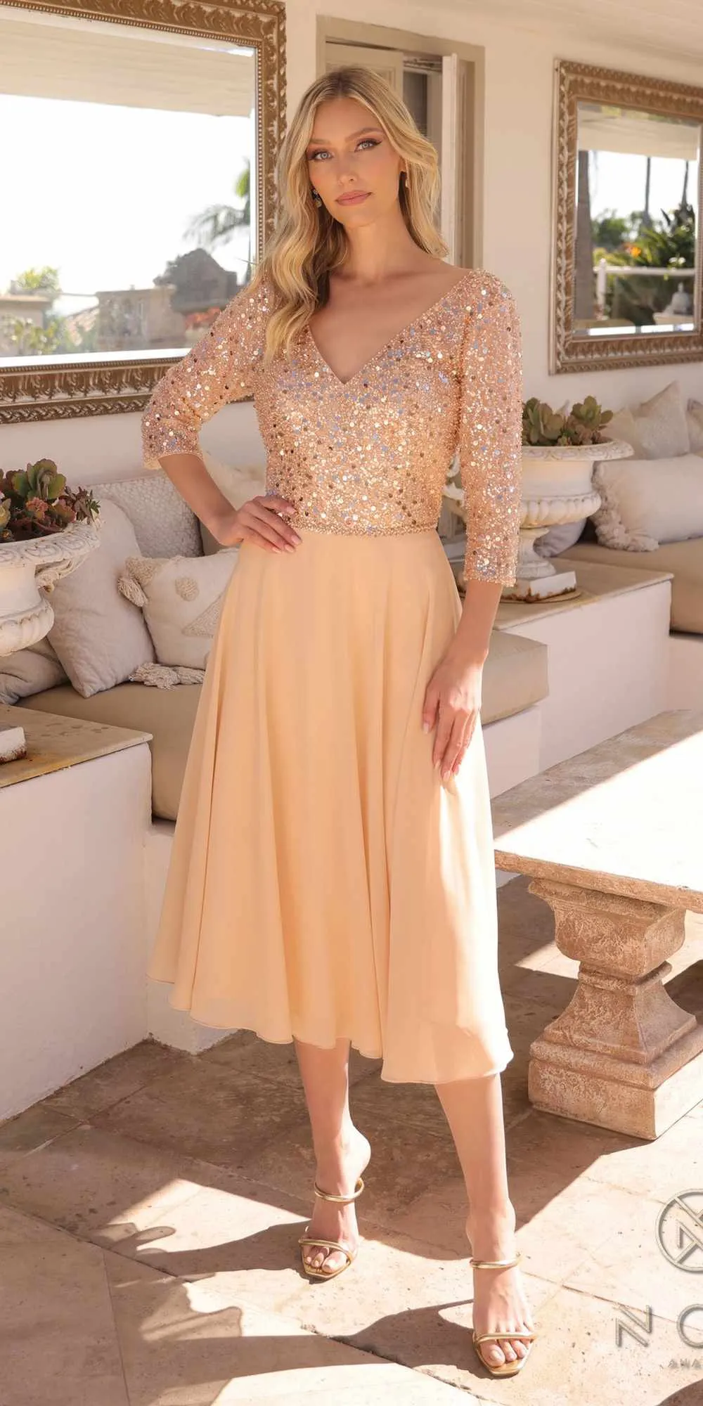 Nox Anabel MF104 Tea Length Sequin Bodice Short 3/4 Sleeve Dress