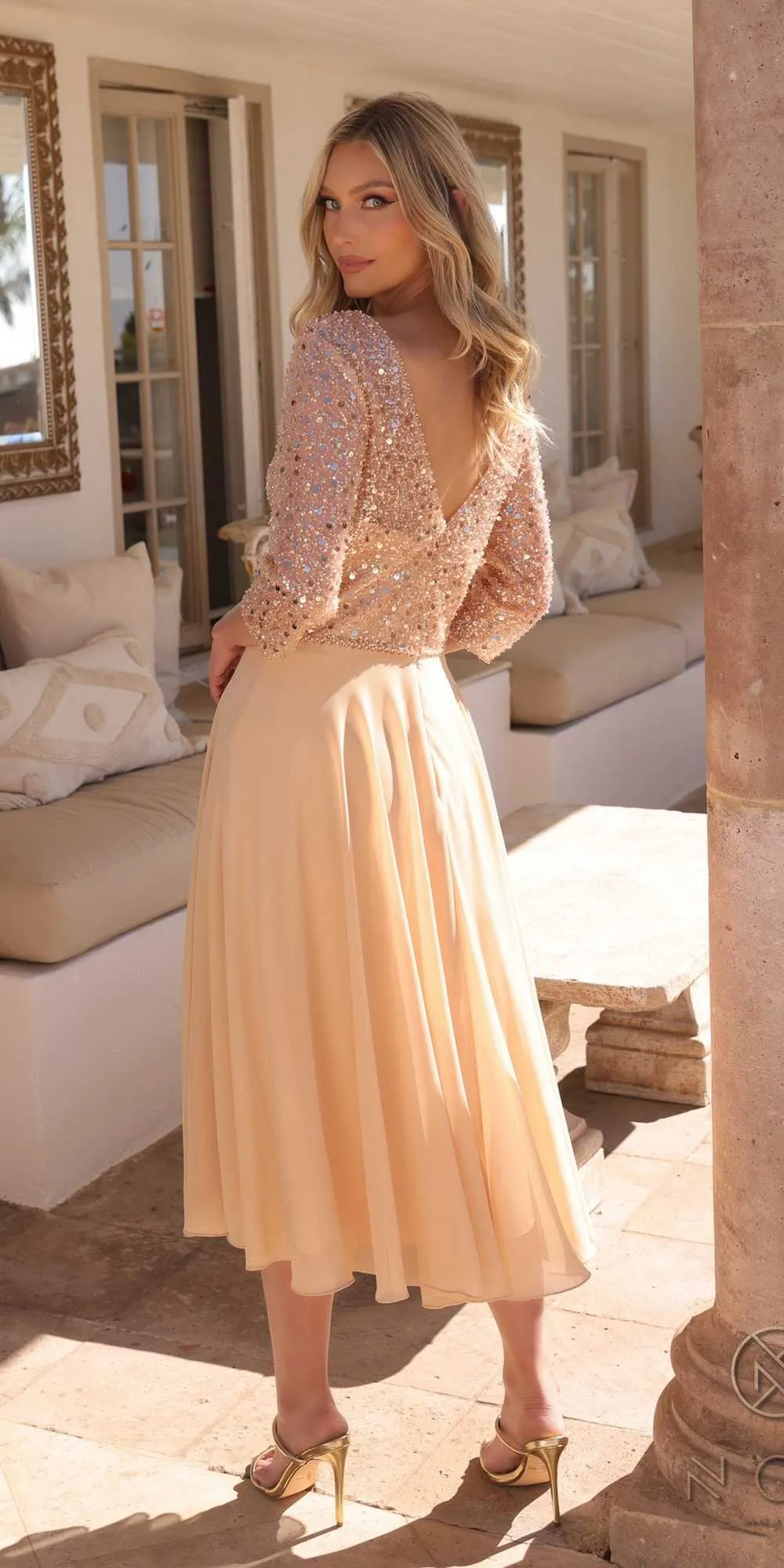 Nox Anabel MF104 Tea Length Sequin Bodice Short 3/4 Sleeve Dress