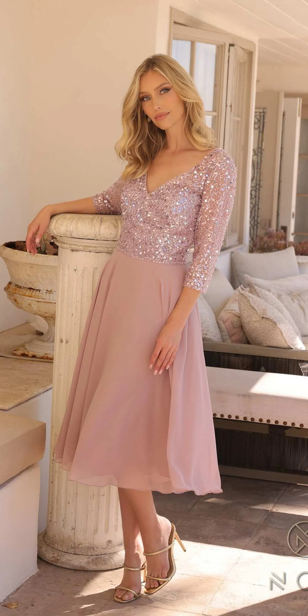 Nox Anabel MF104 Tea Length Sequin Bodice Short 3/4 Sleeve Dress