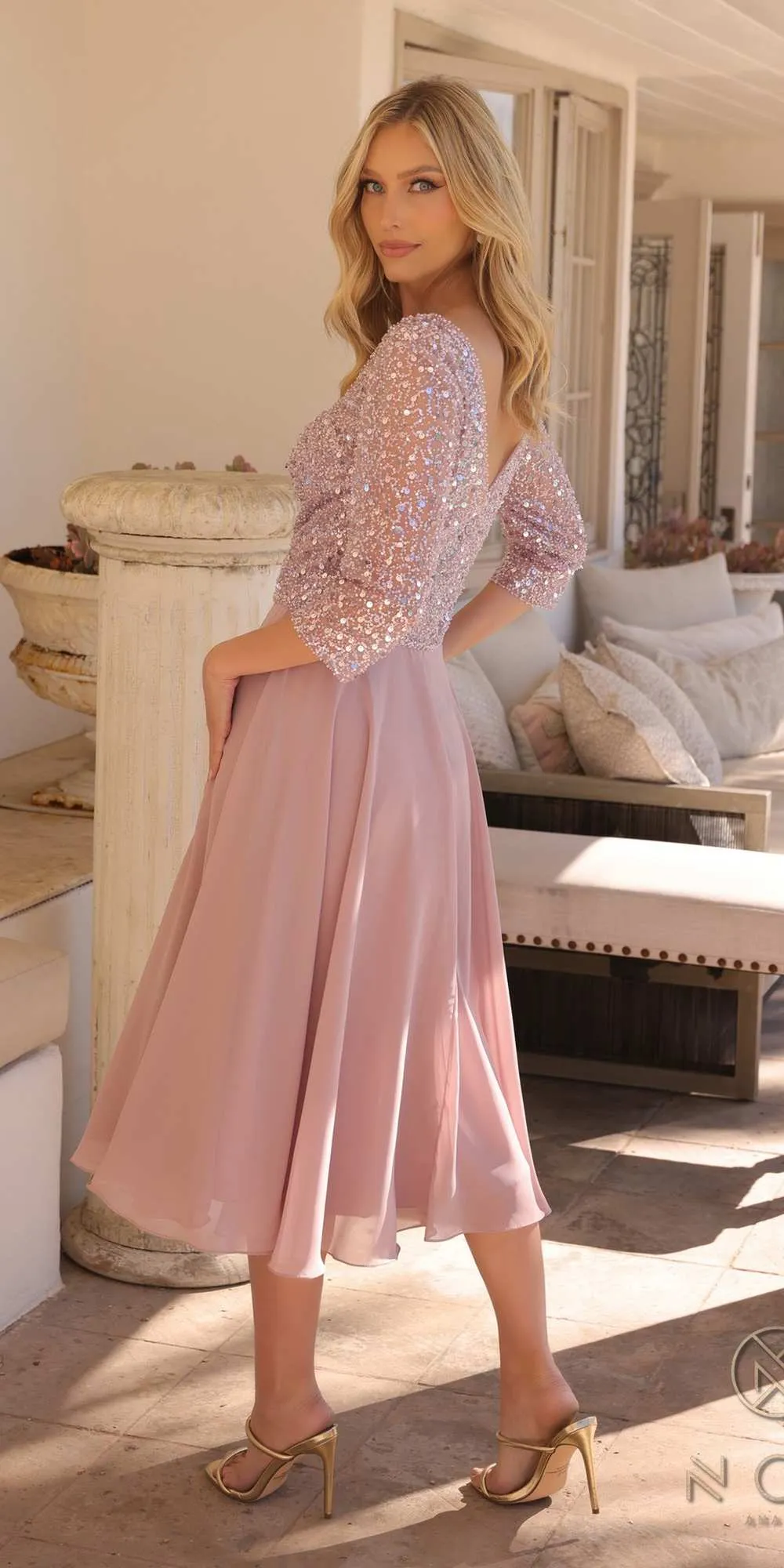 Nox Anabel MF104 Tea Length Sequin Bodice Short 3/4 Sleeve Dress