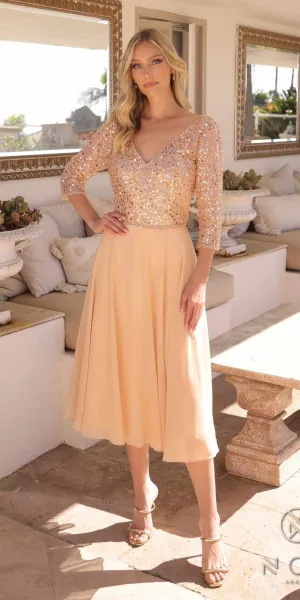 Nox Anabel MF104 Tea Length Sequin Bodice Short 3/4 Sleeve Dress