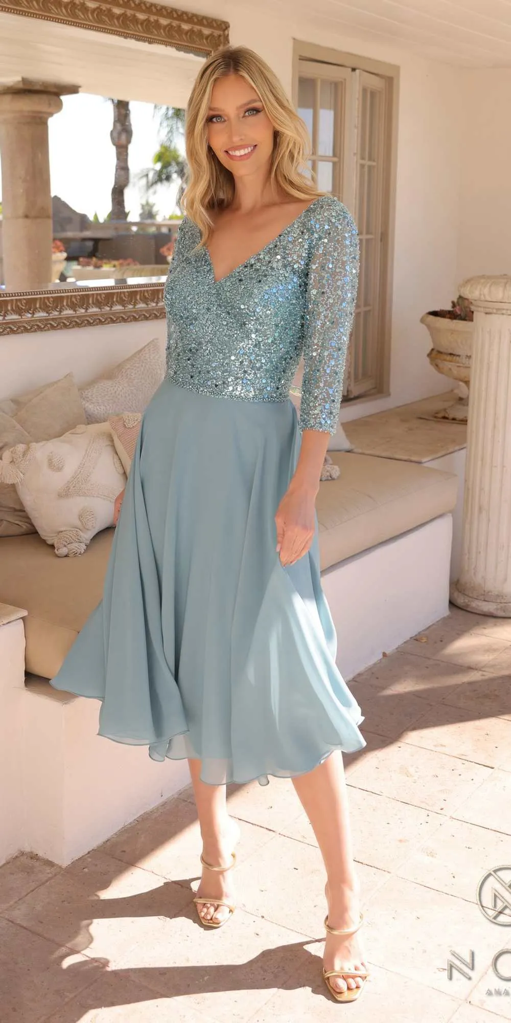Nox Anabel MF104 Tea Length Sequin Bodice Short 3/4 Sleeve Dress
