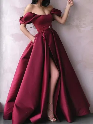 Off Shoulder Burgundy Satin Long Prom Dresses with High Slit, Burgundy Formal Graduation Evening Dresses, Wine Red Ball