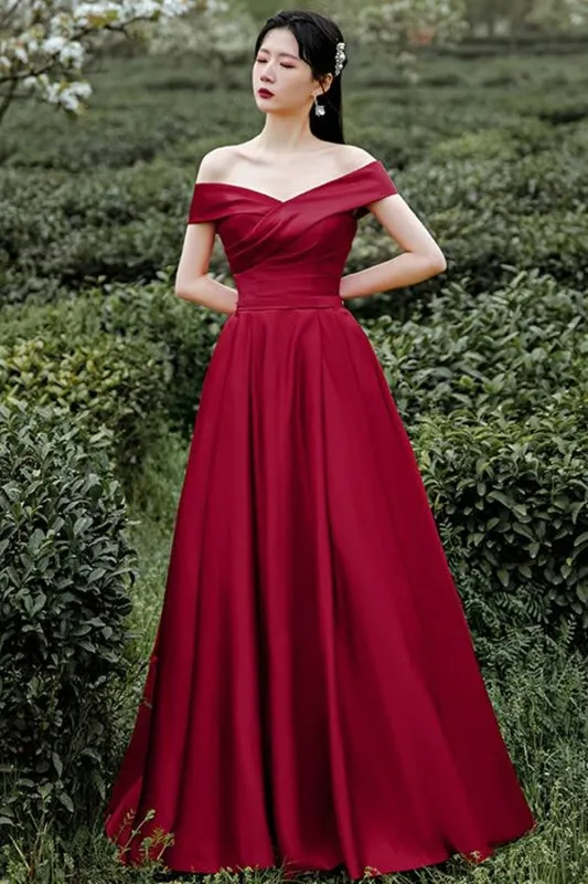 Off Shoulder Burgundy Satin Long Prom, Off the Shoulder Burgundy Formal Evening