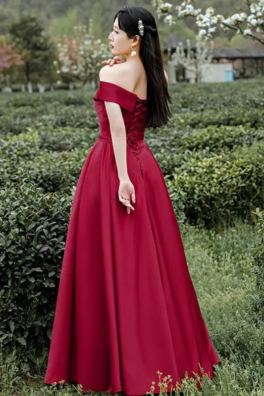 Off Shoulder Burgundy Satin Long Prom, Off the Shoulder Burgundy Formal Evening