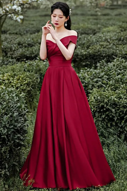 Off Shoulder Burgundy Satin Long Prom, Off the Shoulder Burgundy Formal Evening