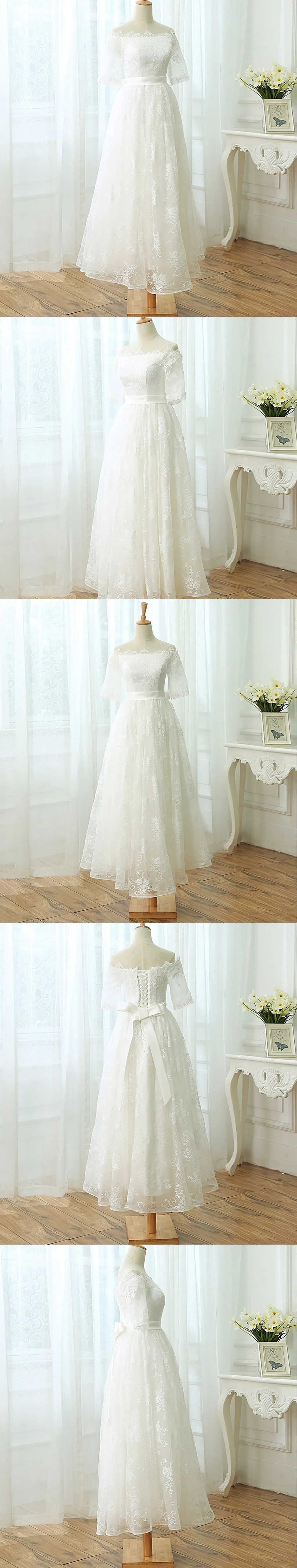 Off Shoulder Sabrina Neck Full Lace Half Sleeve Elegant Ankle-Length Wedding Dress, AB1102