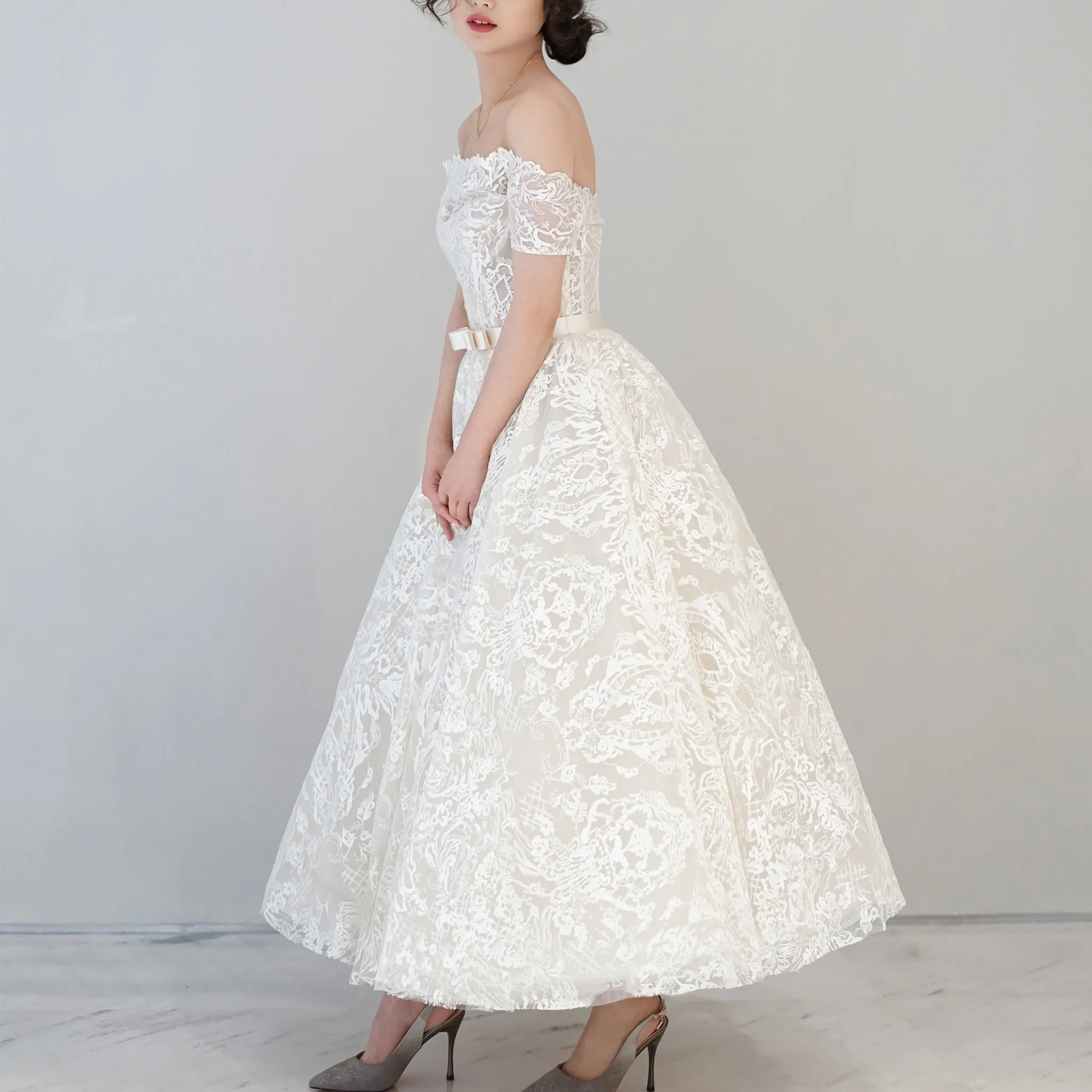 Off the Shoulder Tea Length Sheer Bodice Lace Wedding Dress