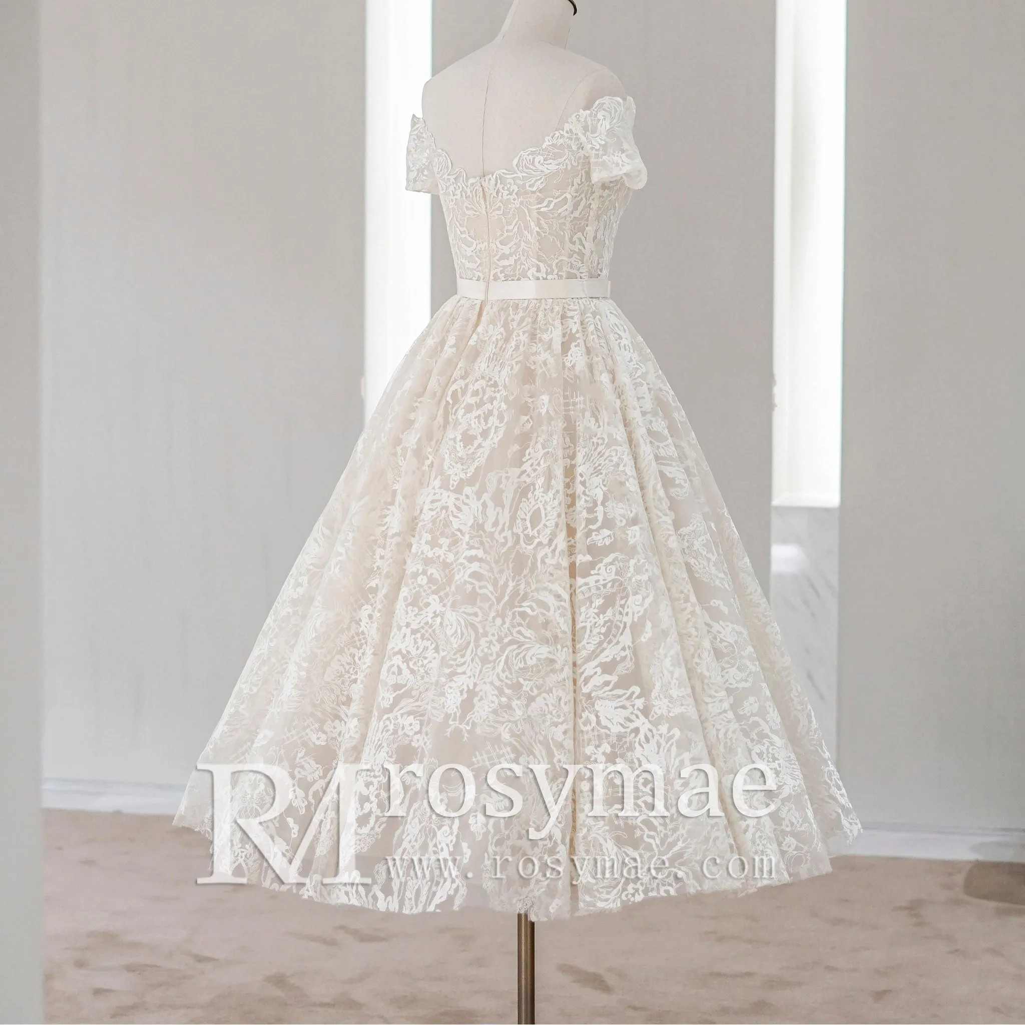 Off the Shoulder Tea Length Sheer Bodice Lace Wedding Dress
