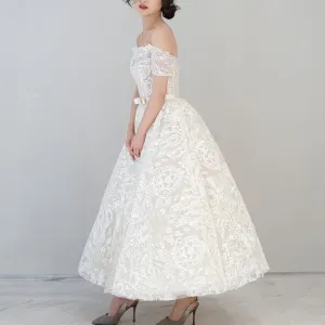 Off the Shoulder Tea Length Sheer Bodice Lace Wedding Dress