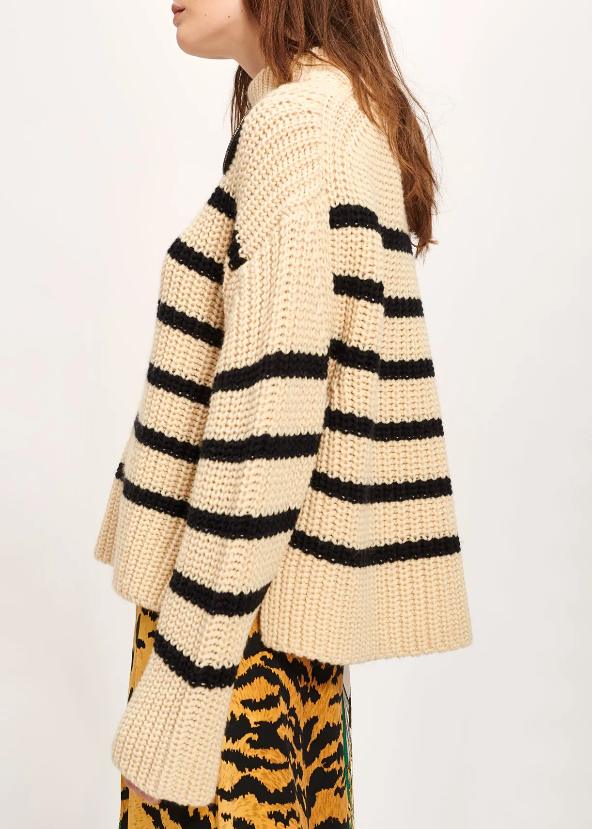 Off-white and black striped ribbed-knit sweater