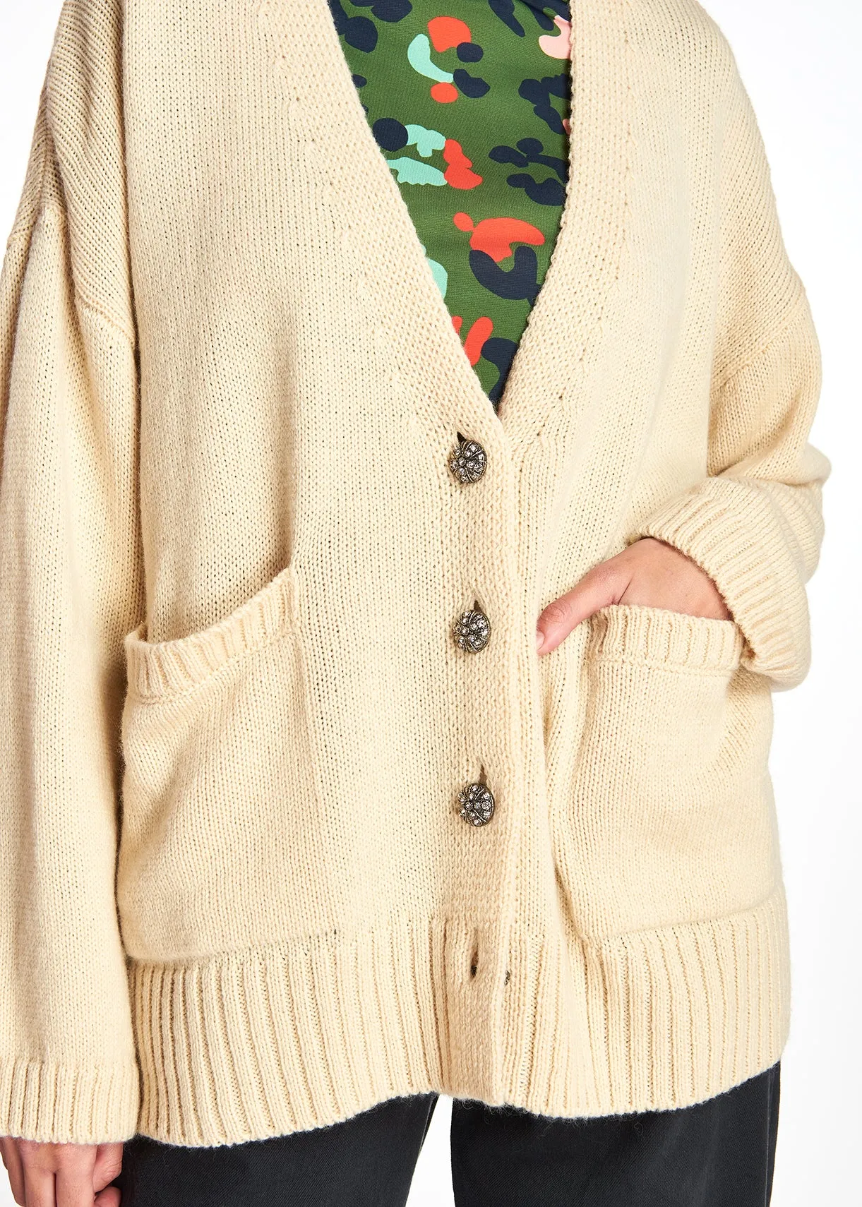 Off-white oversized cardigan with rhinestone buttons