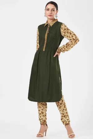 Olive Green Silk Printed Pant Set