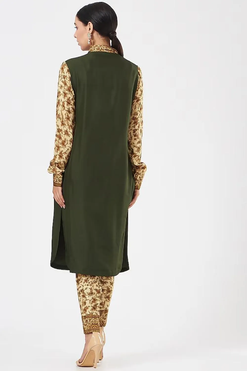 Olive Green Silk Printed Pant Set