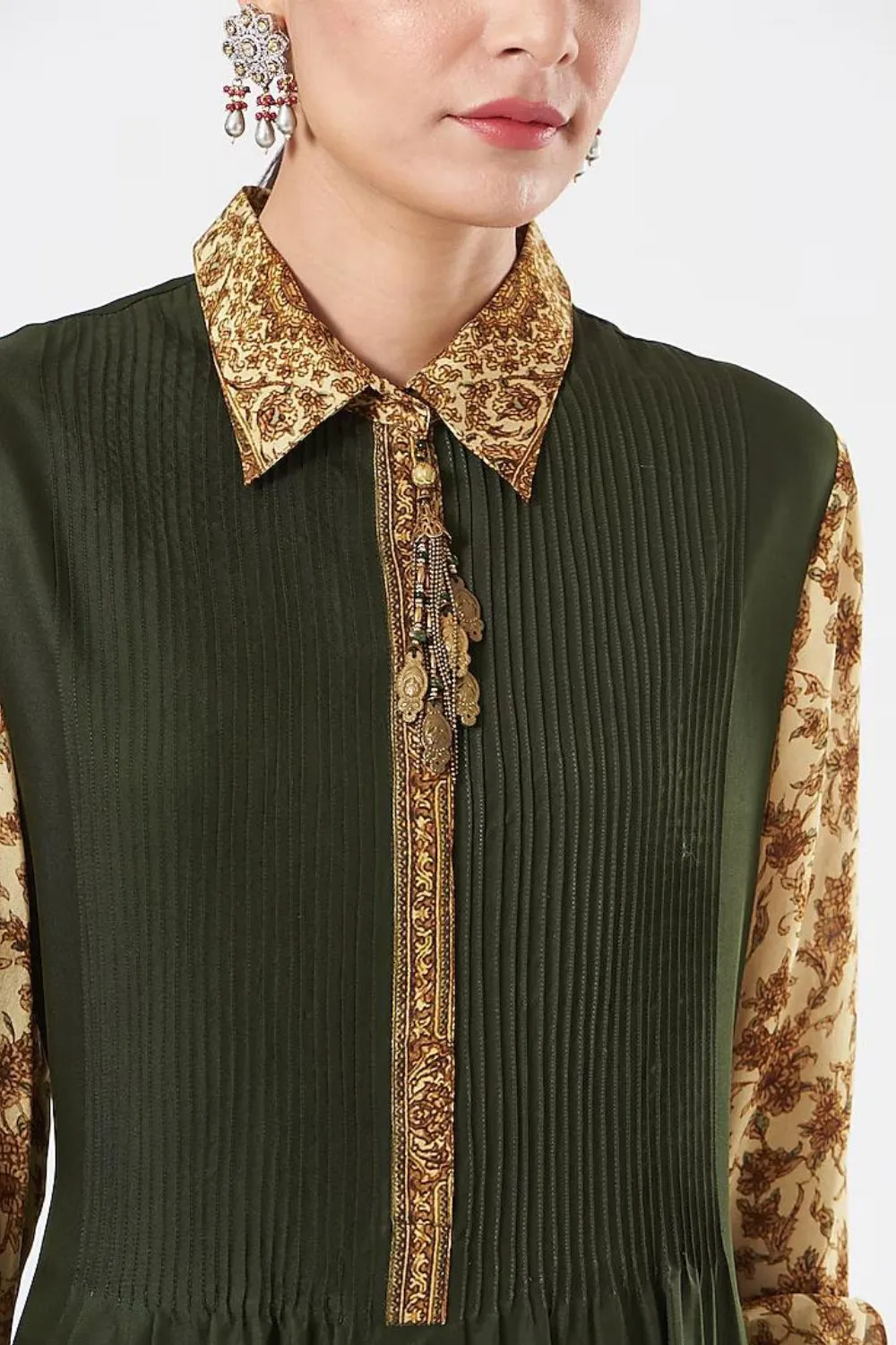 Olive Green Silk Printed Pant Set