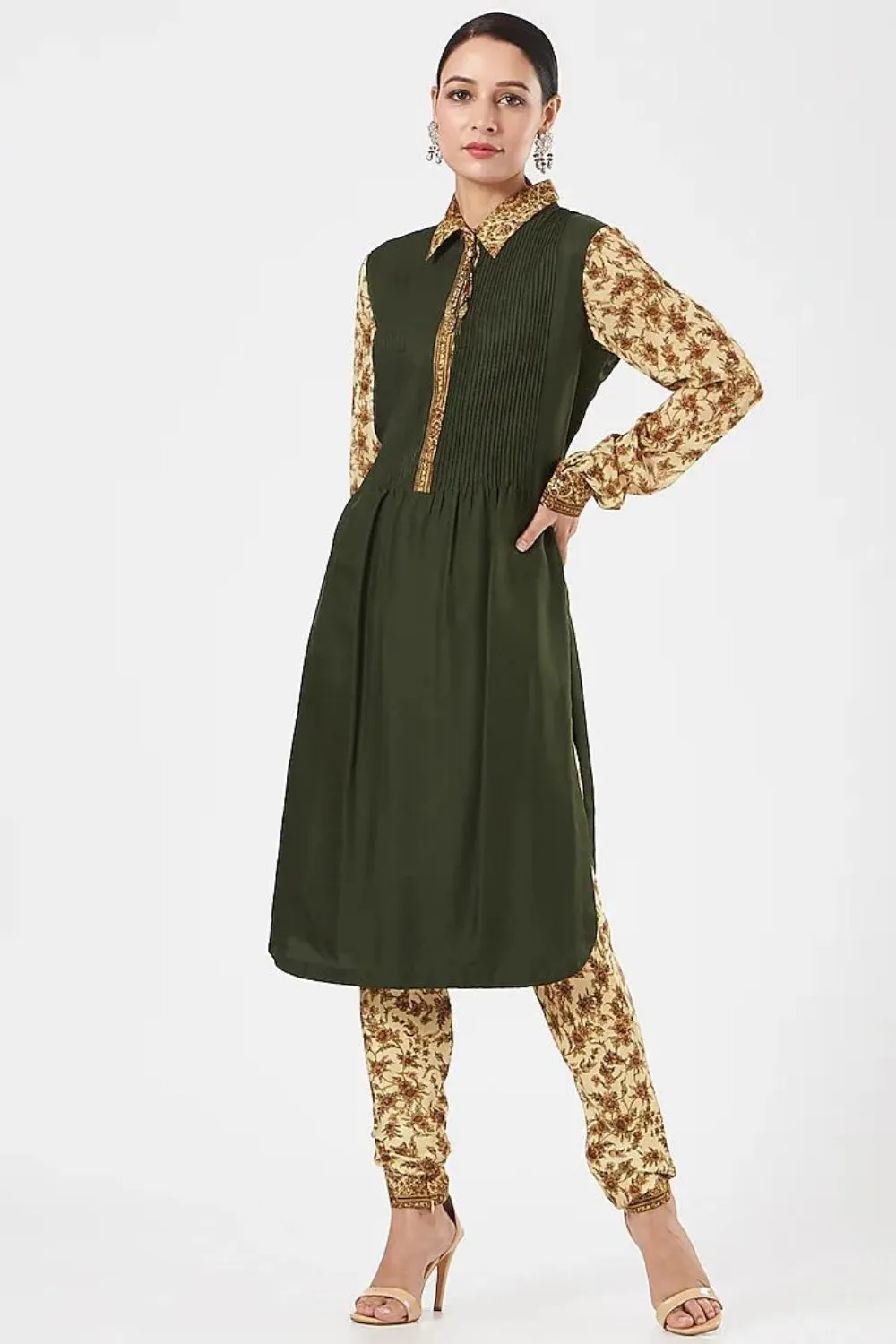 Olive Green Silk Printed Pant Set