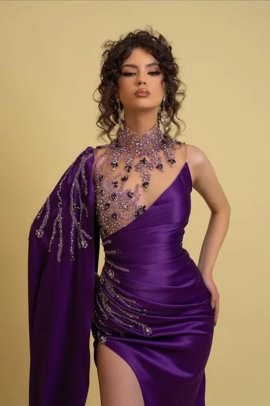 One Shoulder Regency Charmeuse Prom Dress with Elegant Ruched Beading