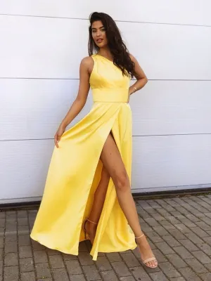 One Shoulder Yellow Satin Long Prom with High Slit, One Shoulder Yellow Formal, Yellow Evening