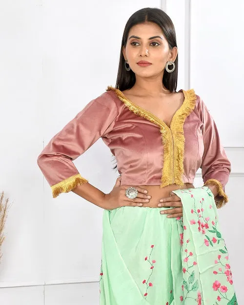 Onion Pink Velvet Crop Top Style Blouse