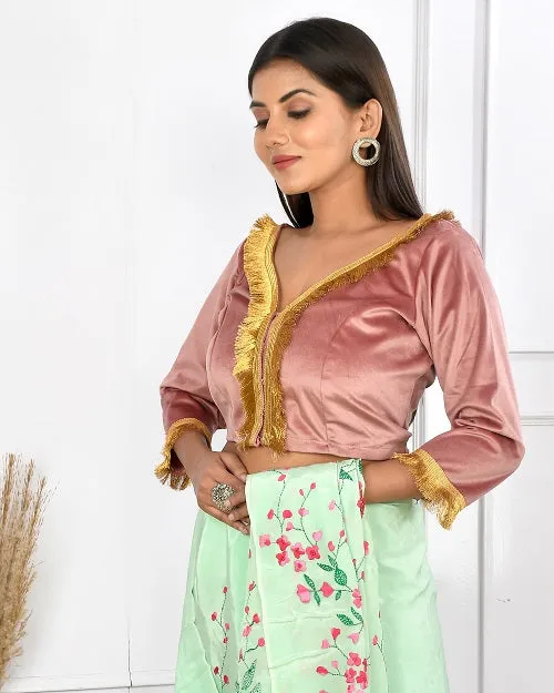 Onion Pink Velvet Crop Top Style Blouse