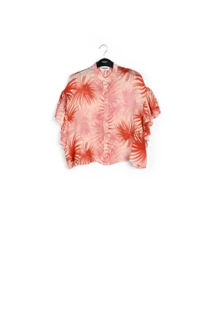 Orange ruffle-detailed top with palm leaf print