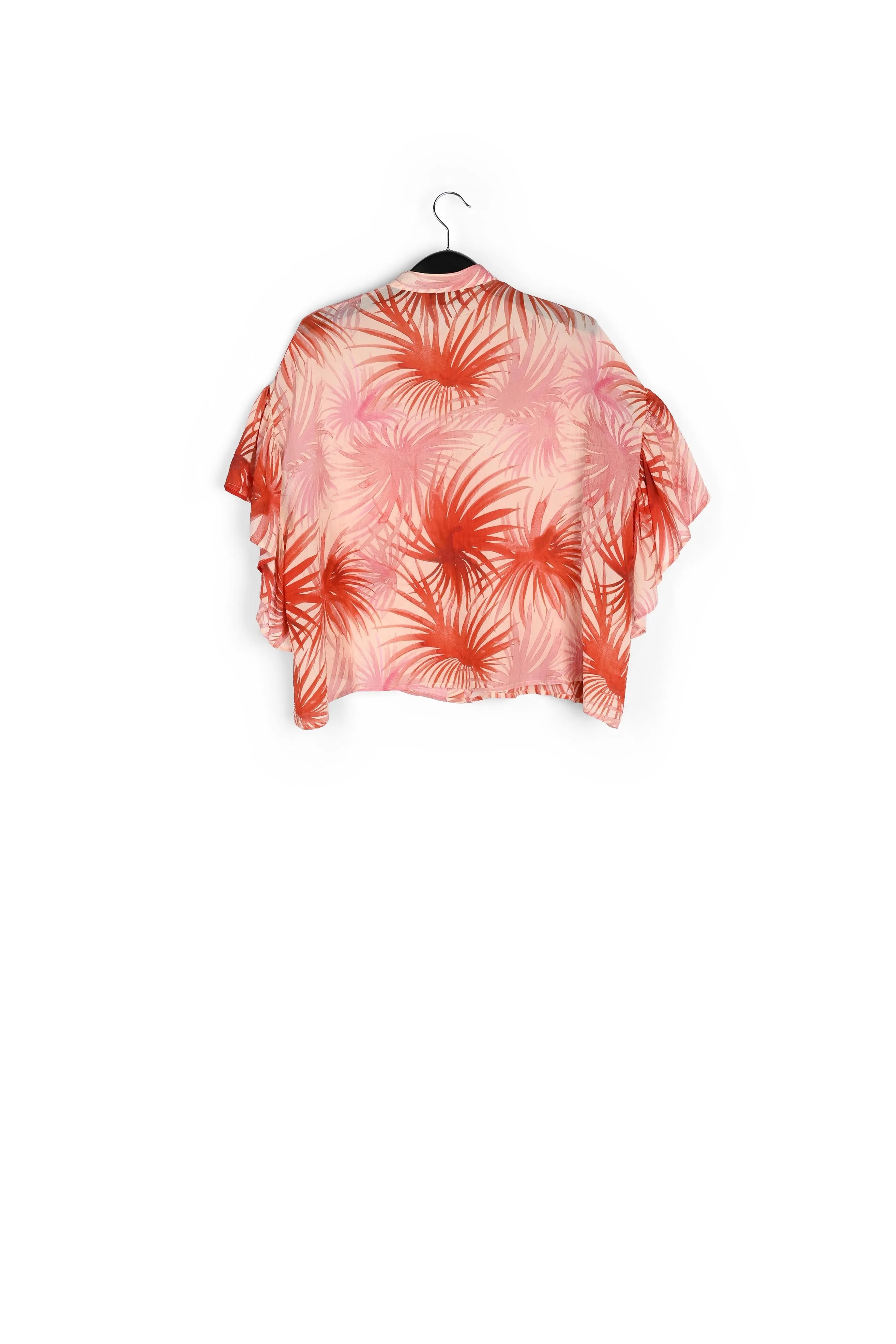 Orange ruffle-detailed top with palm leaf print