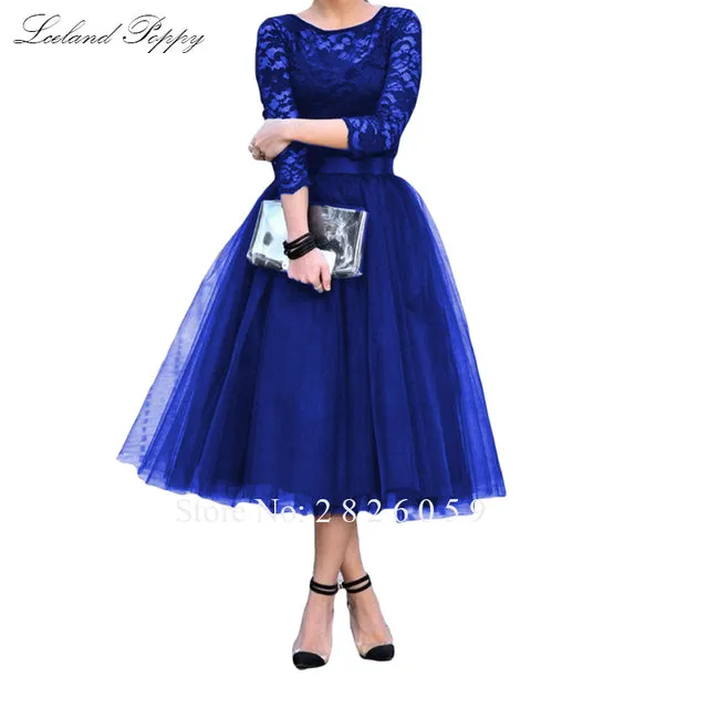 Original Lceland Poppy A-Line Vintage Scoop Neck Black Lace Cocktail Dresses Tea Length 3/4 Sleeves Tulle Cocktail Party Formal Dress