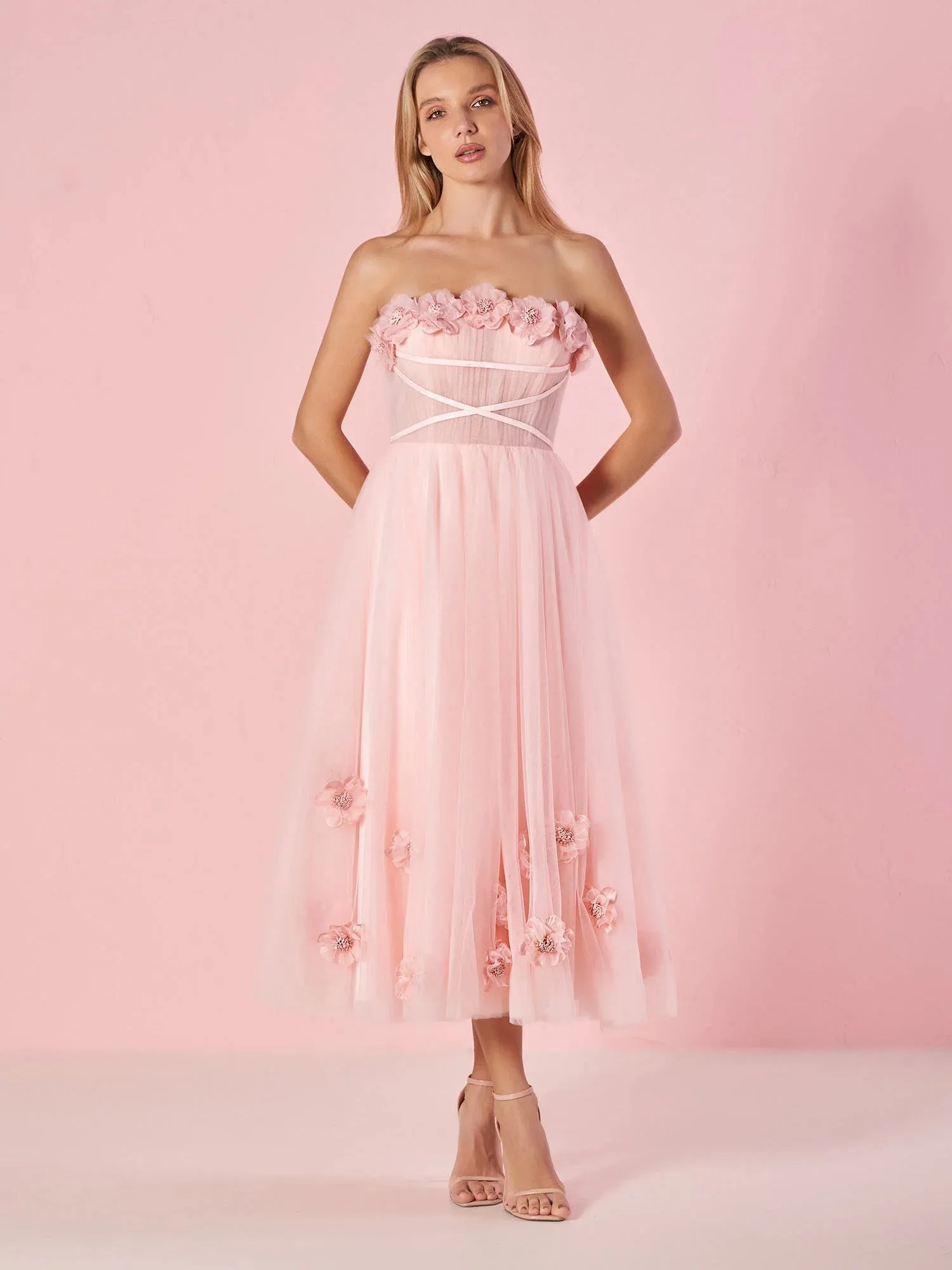 Pandora |Light Pink Princess Strapless Prom Dress with Flowers