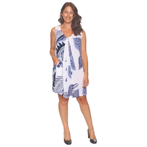 Papa Fashions Dress - White & Blue Abstract