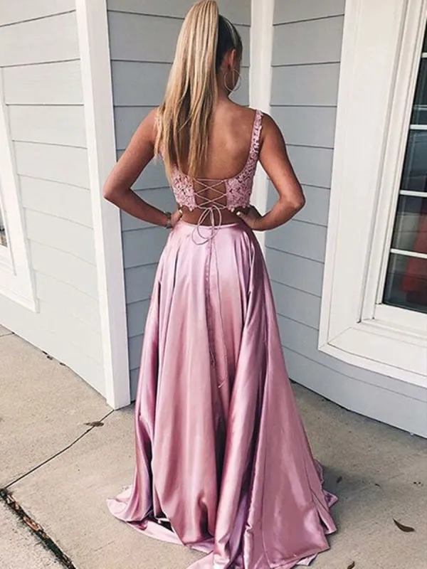 Pink 2 Pieces Lace Satin Long Prom Dresses with Side High Slit, 2 Pieces Pink Formal Evening Dresses, 2 Pieces Lace Pink Graduation Dresses with Cross
