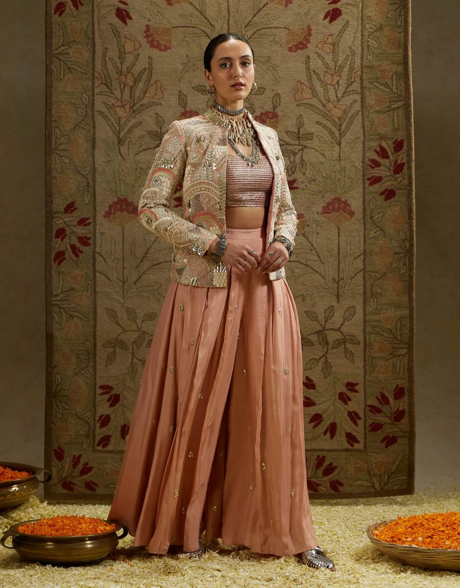 Pink embellished jacket and pleated pant set