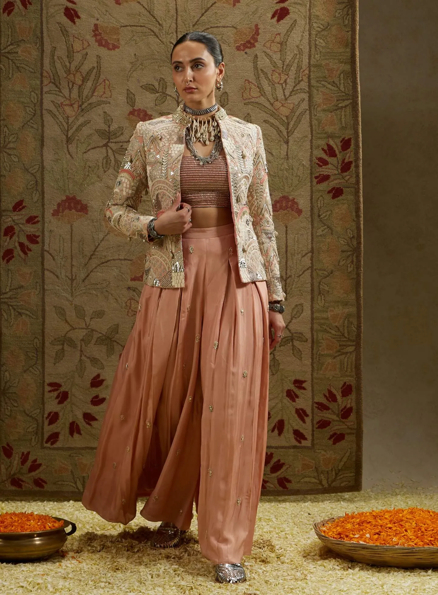 Pink embellished jacket and pleated pant set