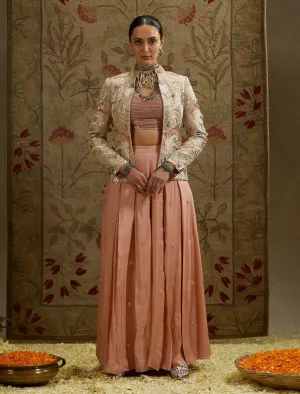 Pink embellished jacket and pleated pant set