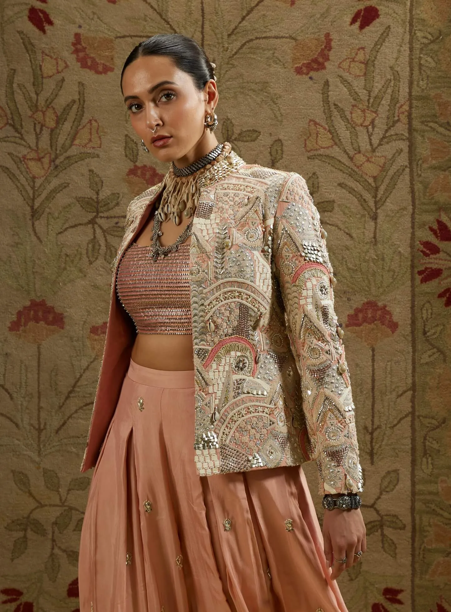 Pink embellished jacket and pleated pant set