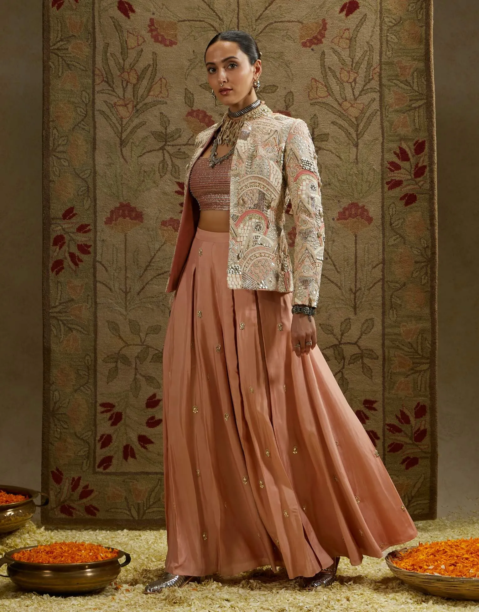 Pink embellished jacket and pleated pant set
