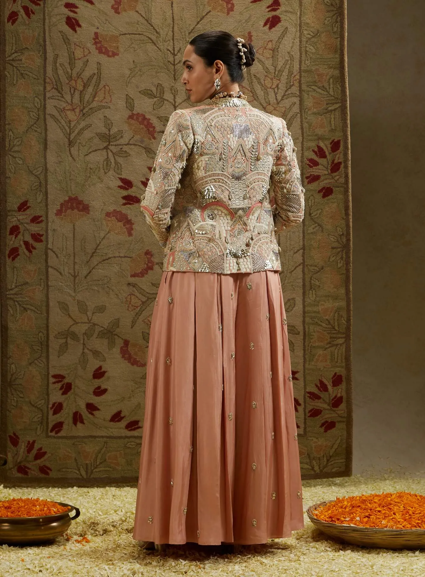 Pink embellished jacket and pleated pant set