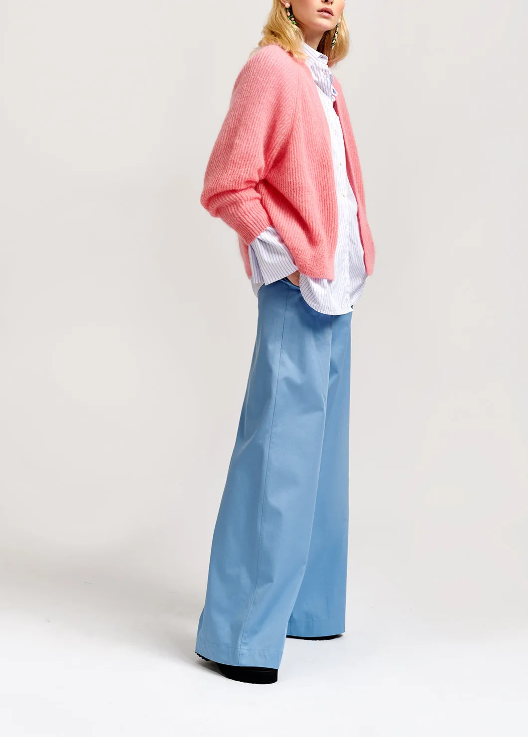 Pink mohair-blend ribbed-knit cardigan