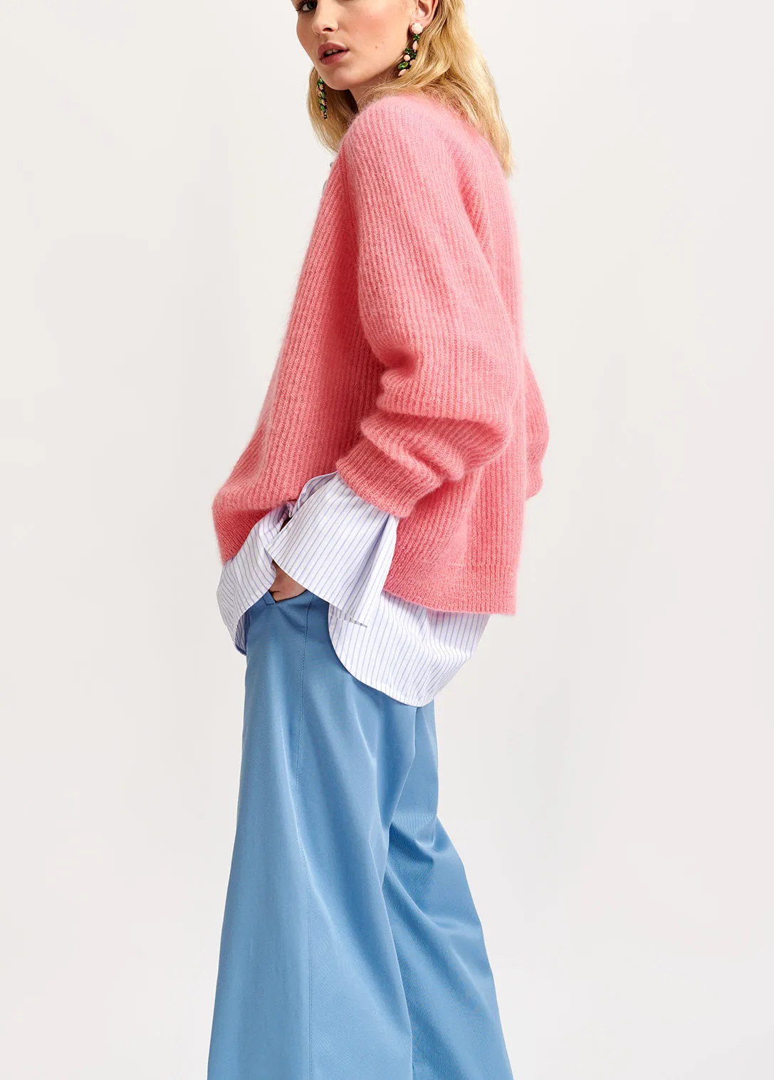 Pink mohair-blend ribbed-knit cardigan