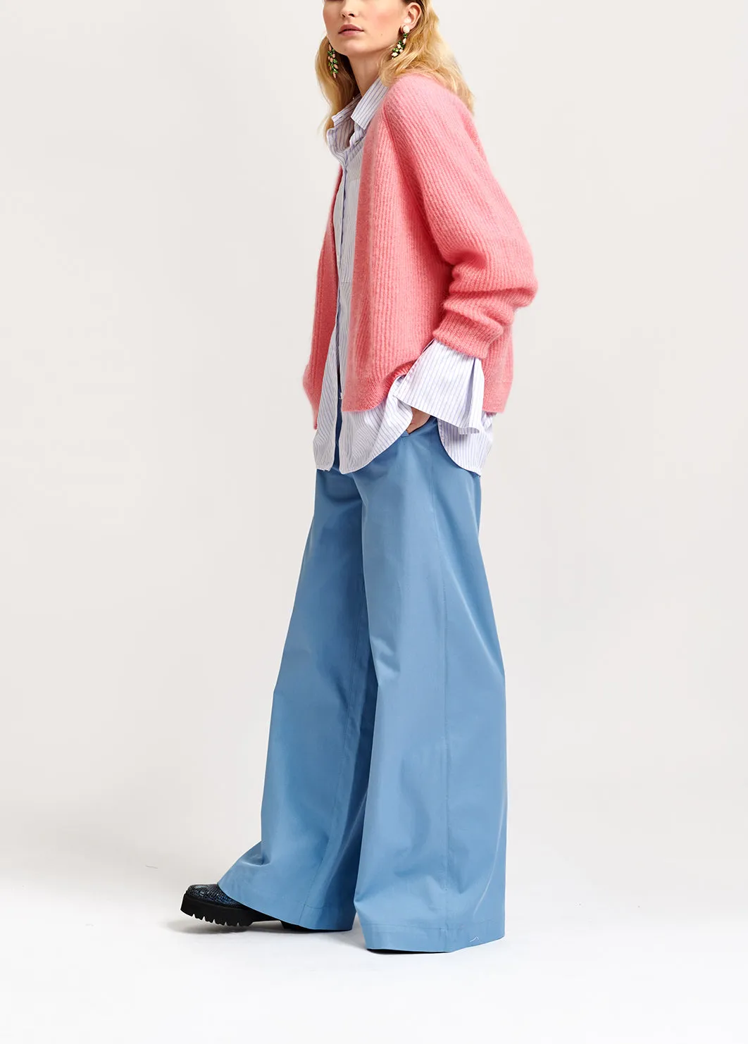 Pink mohair-blend ribbed-knit cardigan